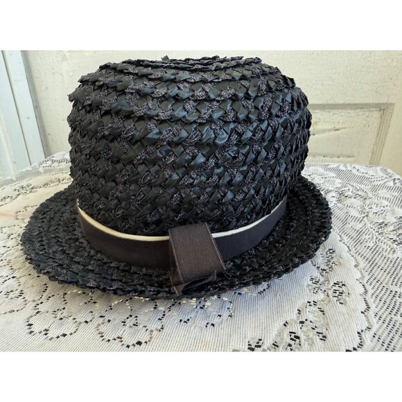 Vintage 1950s Raffia Straw Blue Womens Fedora Style Hat - Picture 7 of 9
